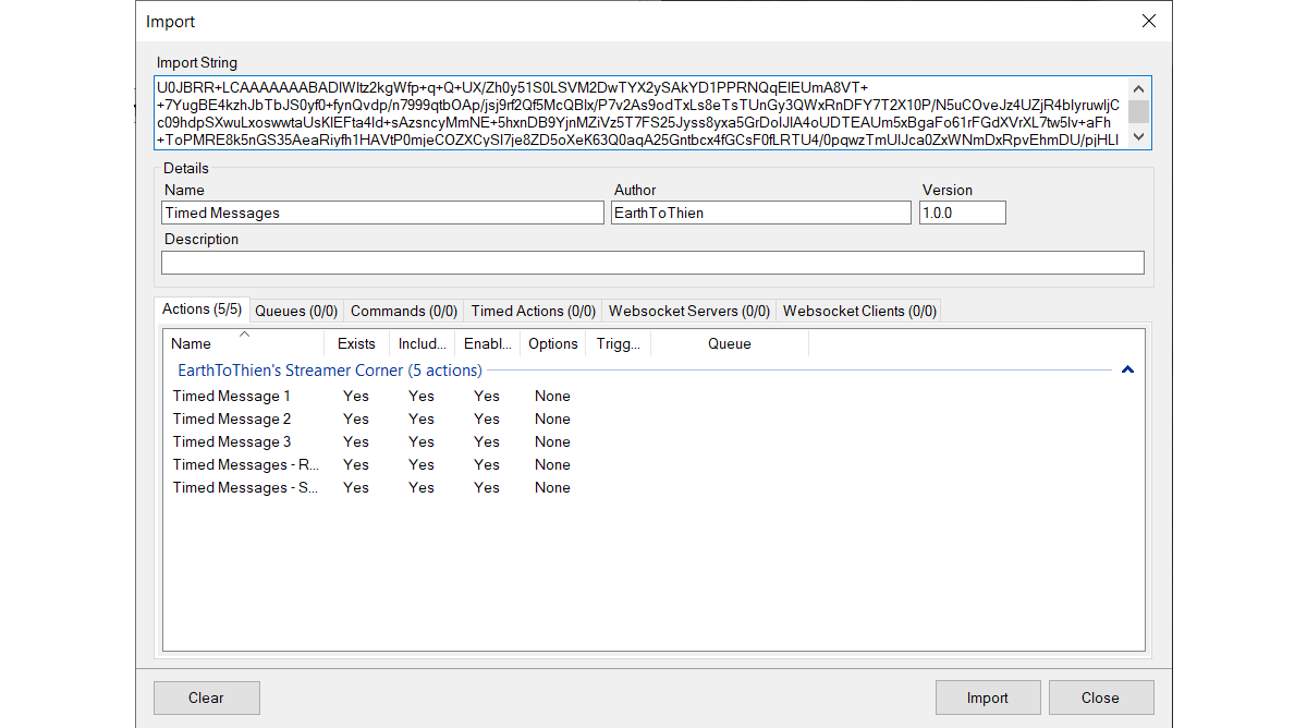 Streamer.Bot import window after importing Timed Actions (Messages) code.